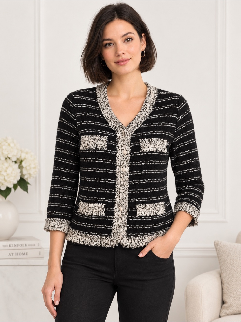 Vintage Bouclé Fringe Knit Jacket Hidden Snap Black White M